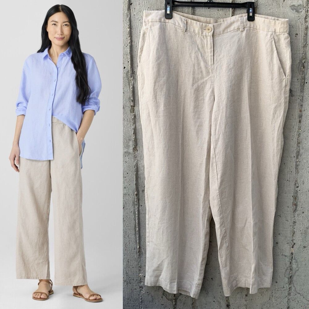 Eileen Fisher Organic Linen Wide-Leg Trouser Pant Undyed Natural Lagenlook XL